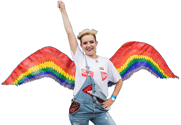Young woman with rainbow wings celebrating Pride