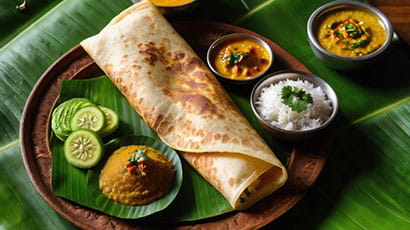 A close up of a dosa with dips on a banana leaf.