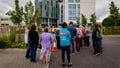 A group of prospective students being shown around Frenchay Campus. 