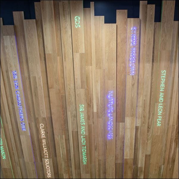 The donor wall in the Business School building