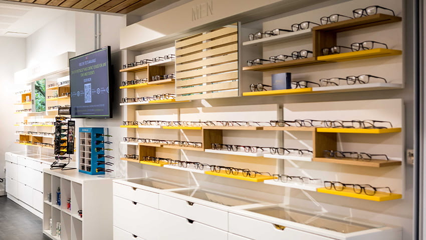 Shelving display of glasses at the Eye Clinic.
