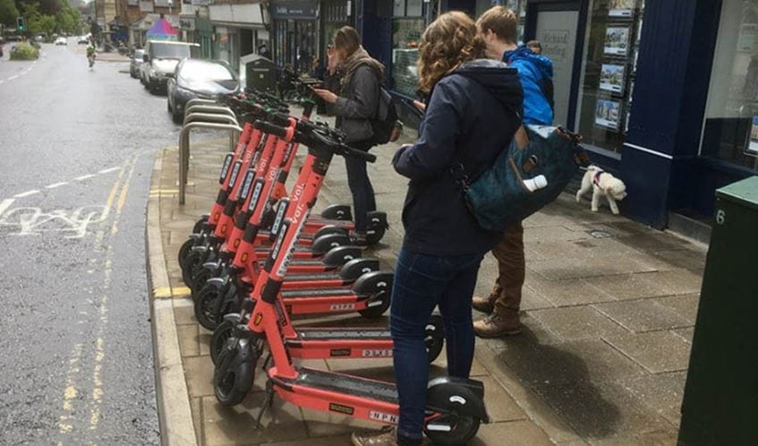 E scooters parked on Bristol street