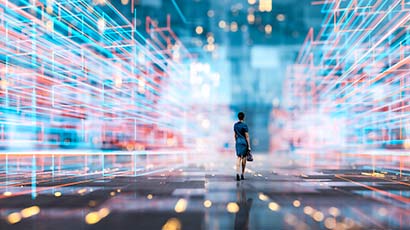 Person walking through a virtual reality wireframe