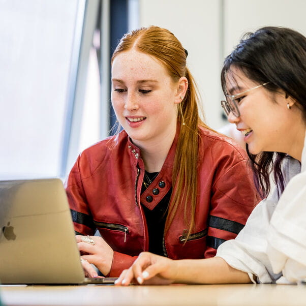 Two students working together on a laptop.