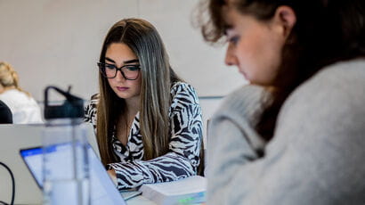 Postgraduate students studying on their laptops.